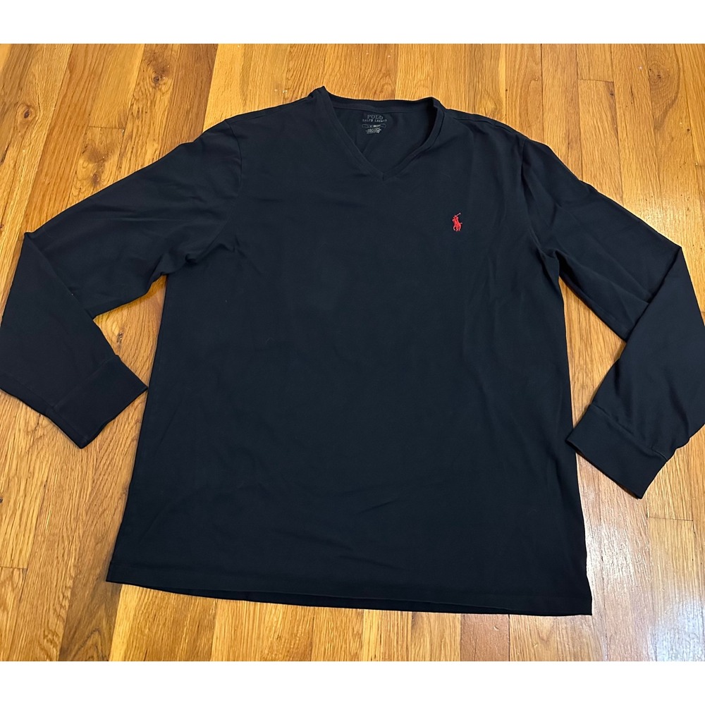 Polo Ralph Lauren Mens V-Neck Long Sleeve T-Shirt Black Red Pony Logo Large
